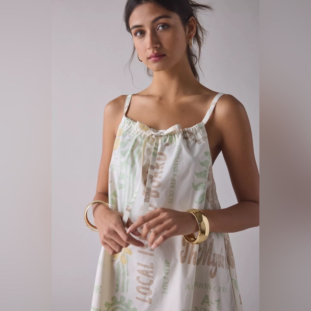 Urban Outfitters BDG Eva Tie-Front Ruched Strap Trapeze Mini Dress Maui Surf NWT - Picture 4 of 6